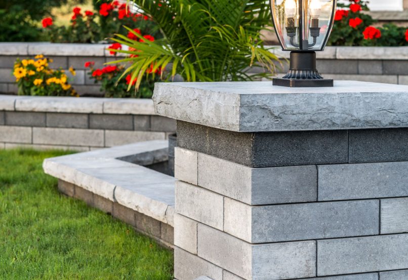 Close up of Unilock Pillar and Retaining Wall Plant Beds