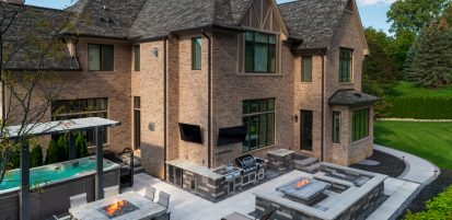 Outdoor Living Space with Side Walkway and Outdoor Kitchen and Fire Features