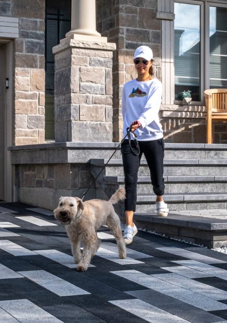 Person Walking a Dog down Front Entrance Steps leading to Interlocking Driveway